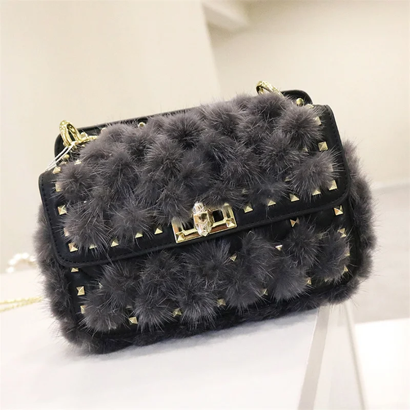 Women's New Fur Luxury Mink Hair Leisure Fashion Rivet Portable Diagonal Bag Large Capacity Temperament Women's Luxury Fur Bag