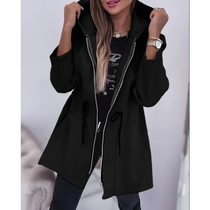 2024 Summer Spring New Fashion Women\'s Clothing Hooded Pleated Nipped Waist Zipper Jacket Coat