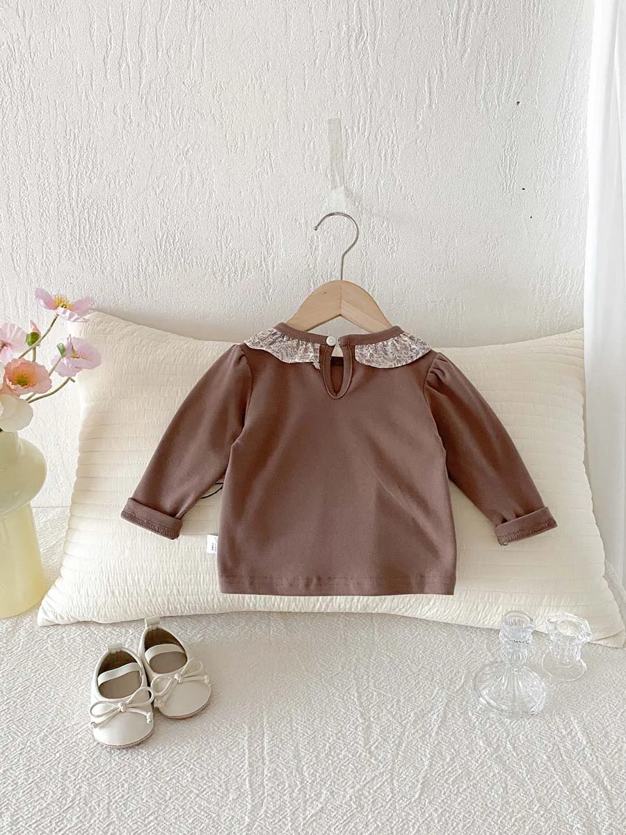 Autumn girls floral lace round neck T-shirt long sleeve top, baby girls sweet long sleeve versatile outside wear base T-shirt, v