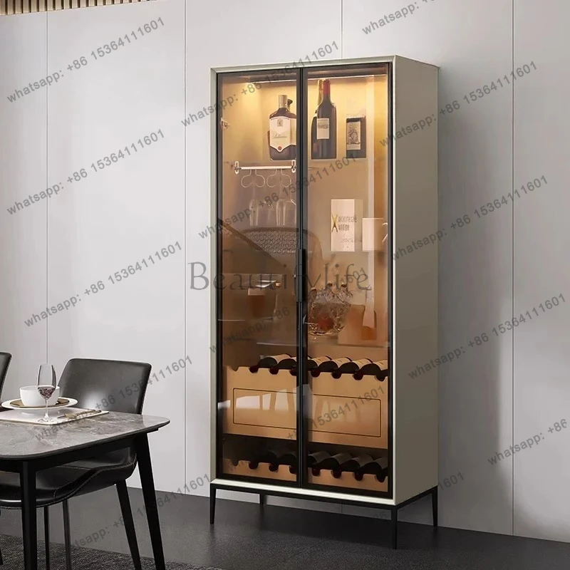 

Italian paint glass door wine cabinet high-end display cabinet against the wall solid wood living room storage tea cabinet