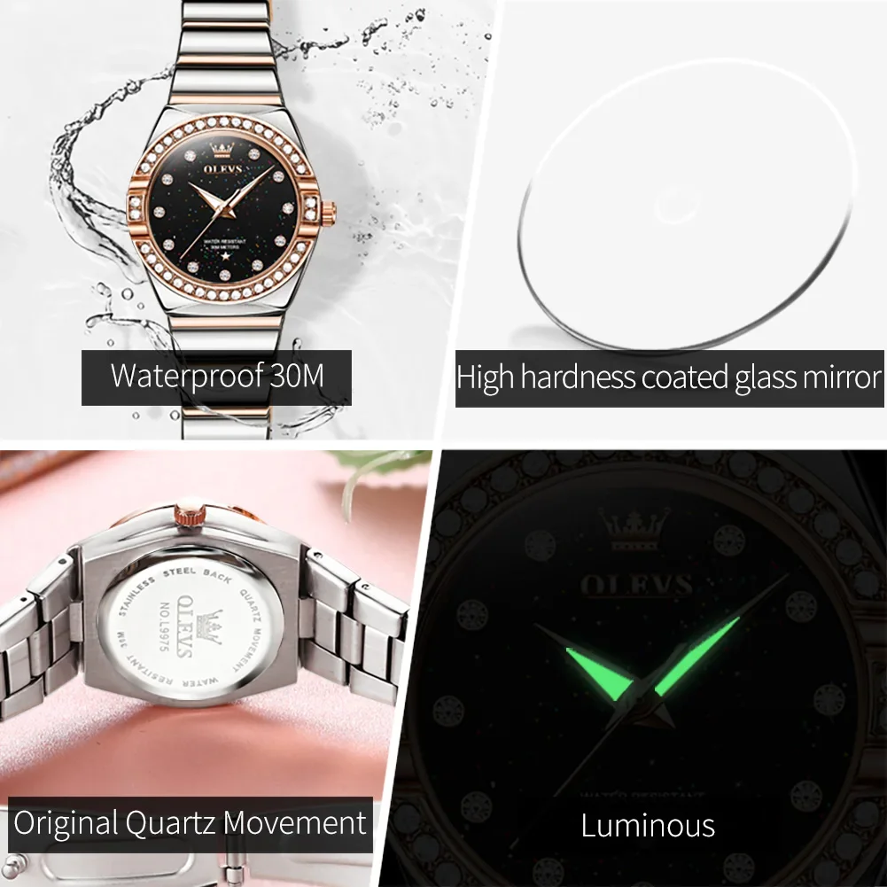 OLEVS orologio al quarzo per donna Luxury Stainless Steel Starry Sky Diamond Dial Waterproof Luminous Ladies Wristwatches Gift Box Set