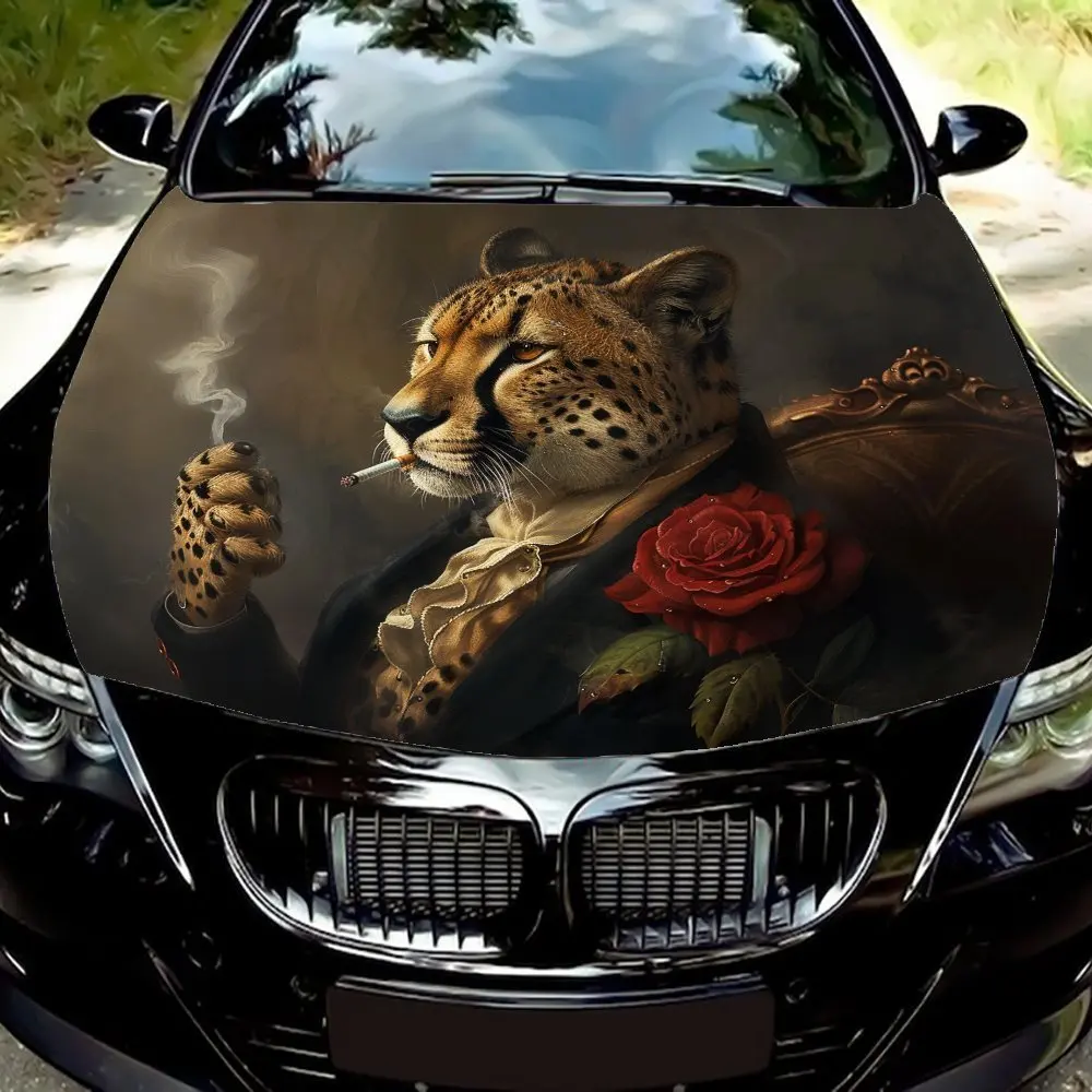 Elegant Leopard Gentleman Car Hood Decal - Durable PVC Vinyl Wrap For Most Vehicles, Automotive Exterior Accessory | Waterproof