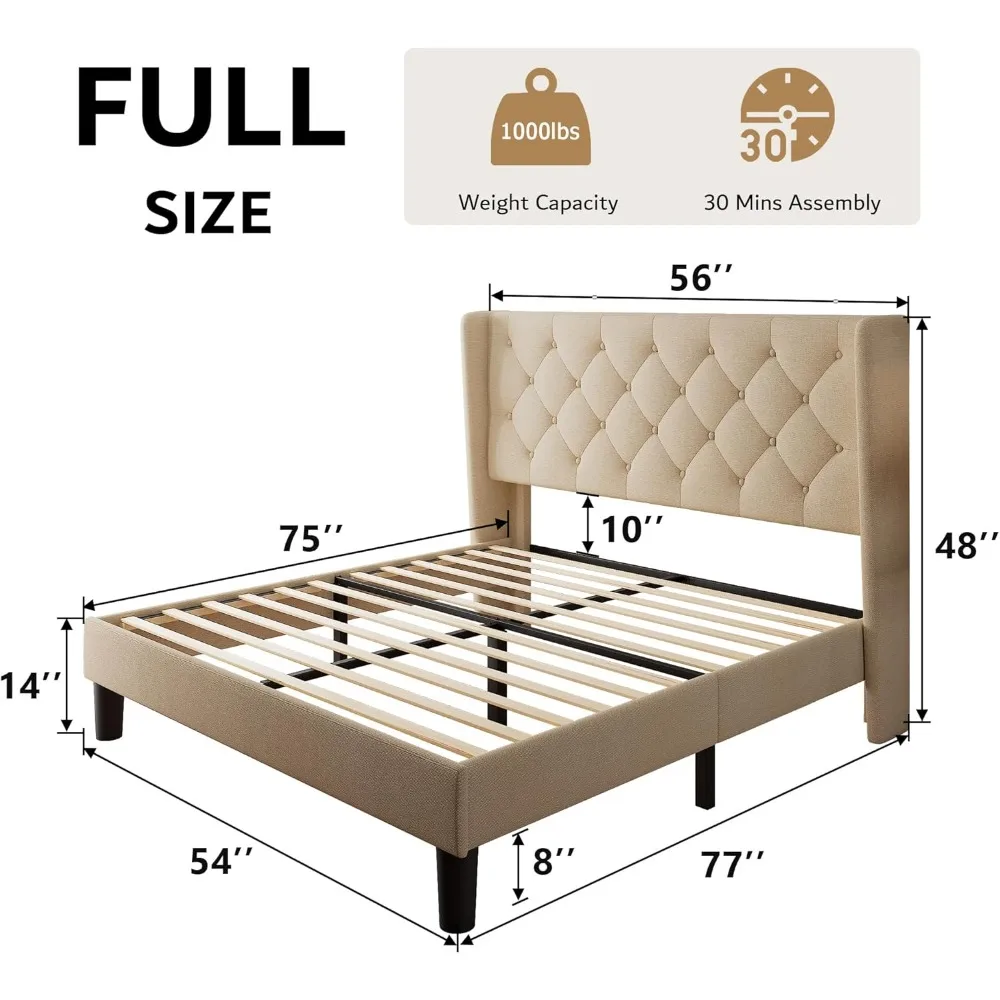 iPormis Full Size Platform Bed Frame with Button Tufted Headboard, Upholstered Bed Frame with Solid Wooden Slats, 8