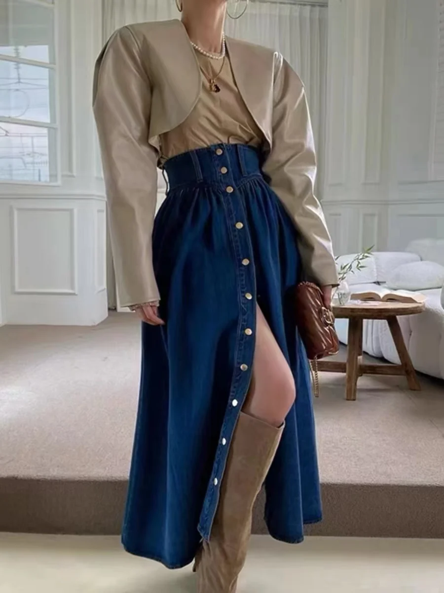 High Waist A-Line  Skirt Women's Retro Hong Kong Style Single Button Slit Design Denim Skirt Slimming Long Skirt Trendy