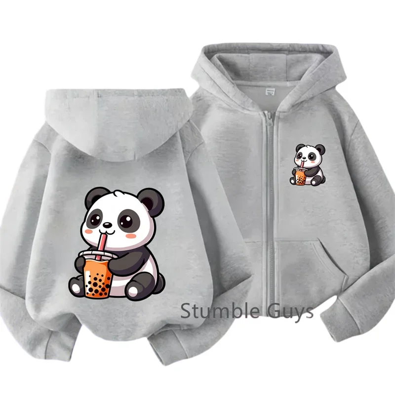 Boba Milk Tea Panda Front Back Cartoon Print Zip Up Hoodie For Kids Long Sleeve Lovely Animal Casual Daily Outerwear