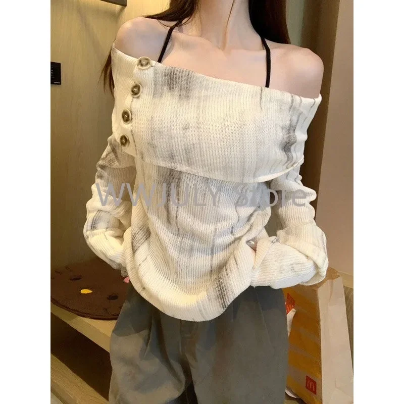 Y2k Off Shoulder Women Sweater Korean Style Long Sleeve Knit Pullovers Harajuku Slash Neck Jerseys Slim Autumn Vintage 2024