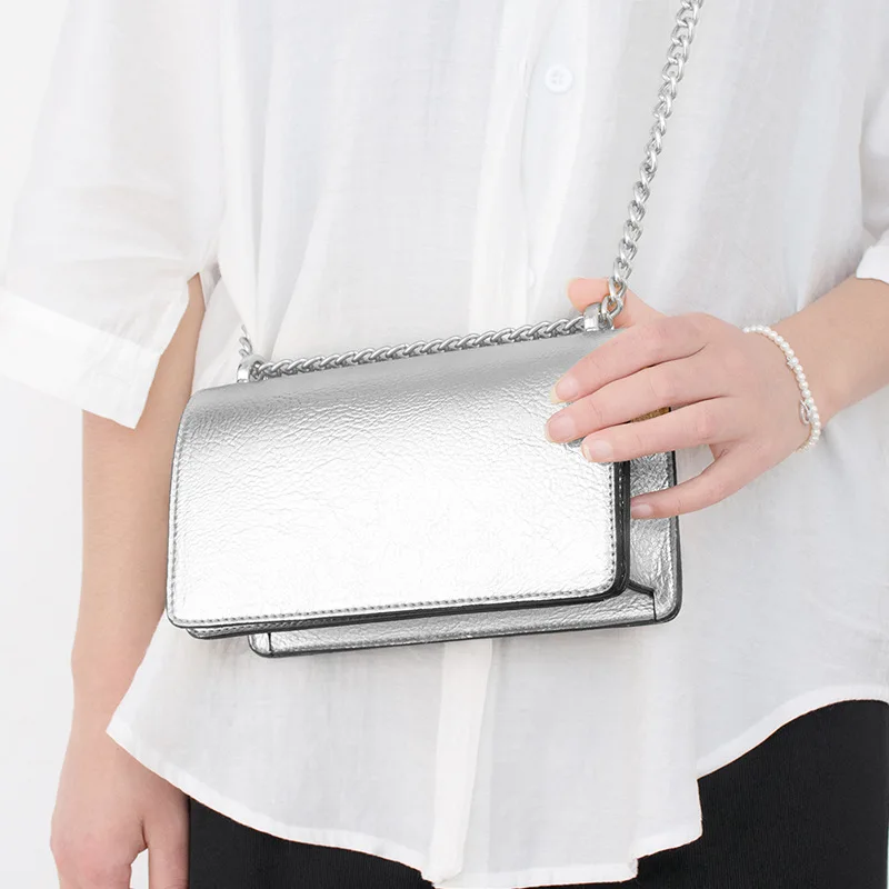 Women's Small Handbag Mirror Silver Party Purse Wallet on Chain PU Leather Reflective Light Square Shine Evening Bag Crossbody