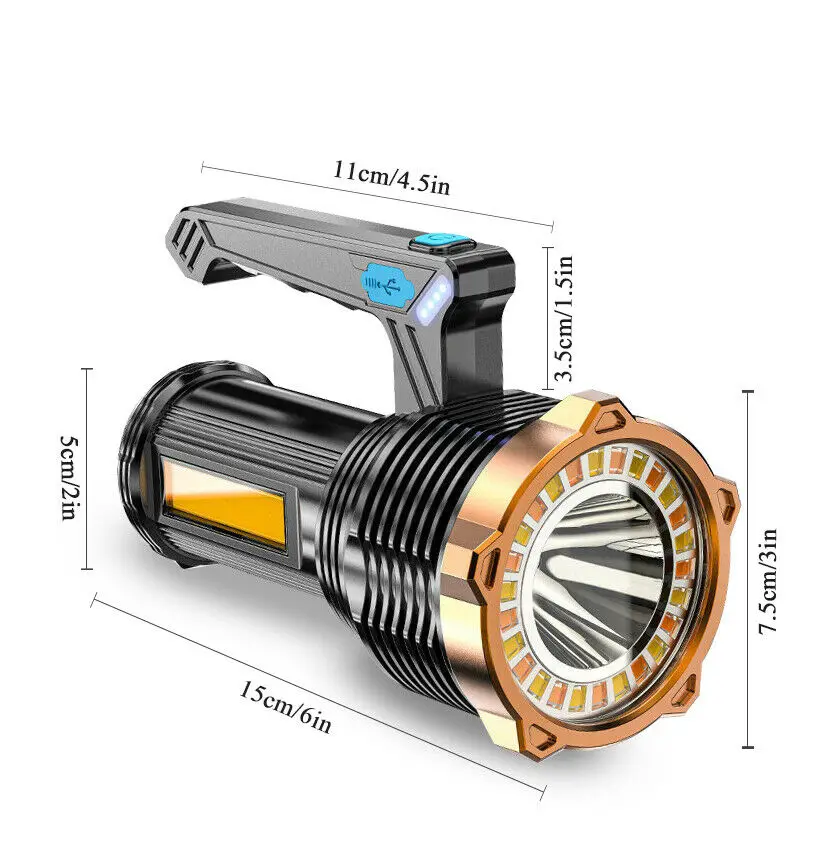 Portable LED+COB Flashlight USB Rechargeable Camping Torch Outdoor Spotlight Hand Held Searchlight Waterproof Lantern with Hook