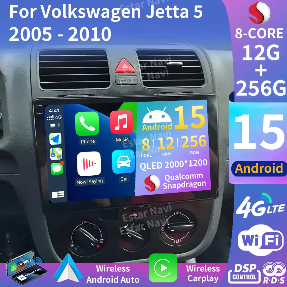 For Volkswagen VW GOLF MK5 JETTA GLI RABBIT 2003 - 2010 Android 15 Car Radio Navi Head Unit GPS Multimedia Player QLED BT Stereo