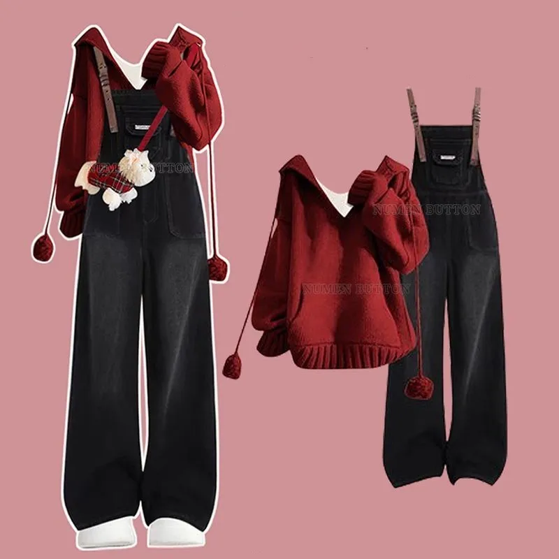 Otoño Invierno de las mujeres nuevo Vintage suéter de punto con capucha + pantalones vaqueros con correas traje de dos piezas coreano elegante pantalones vaqueros conjunto a juego