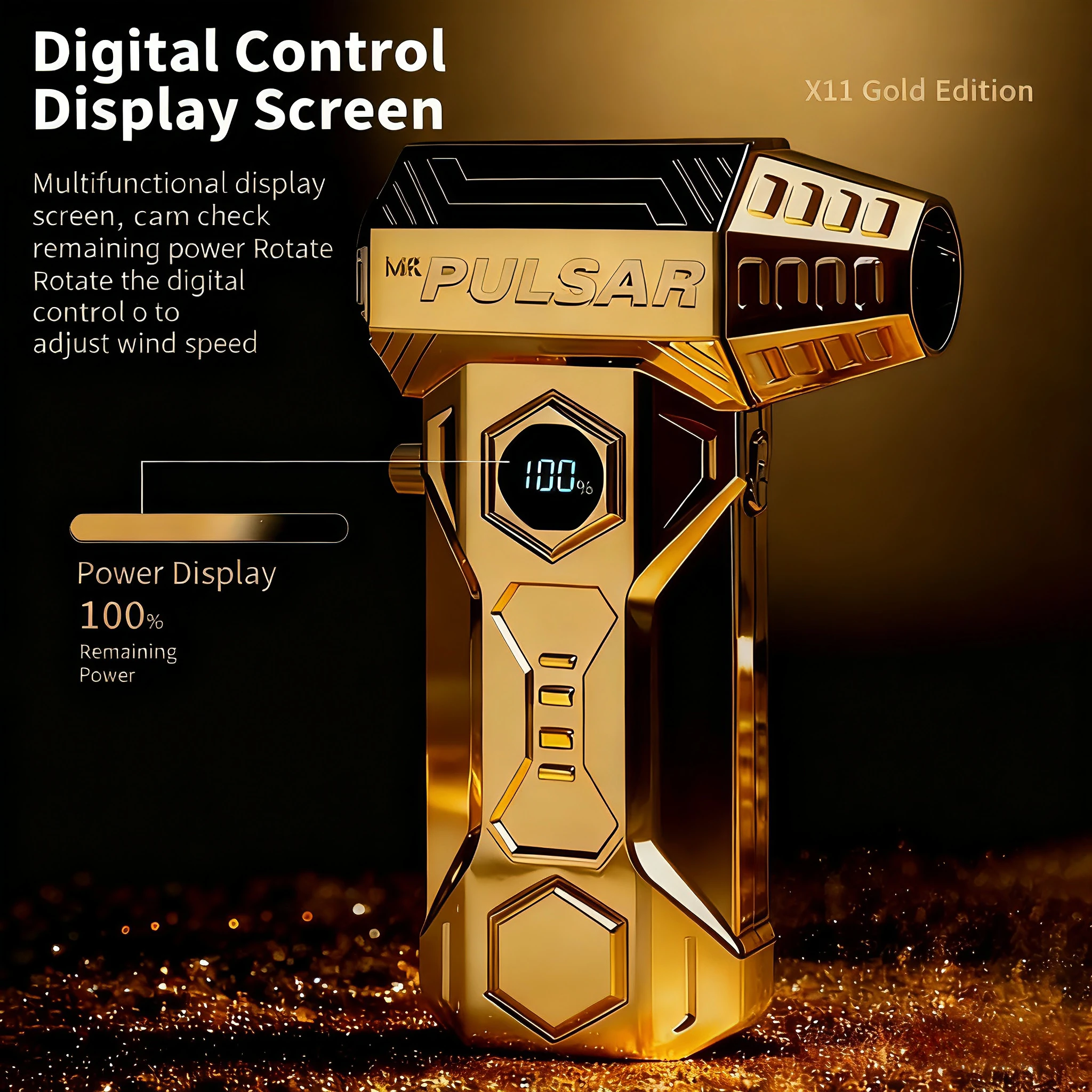 

Высокоскоростной фен Tornado Gold X11Pro Max — Gold Edition, 99 000 об/мин, скорость ветра 75 м/с, со светодиодным дисплеем, бесщеточный двигатель.