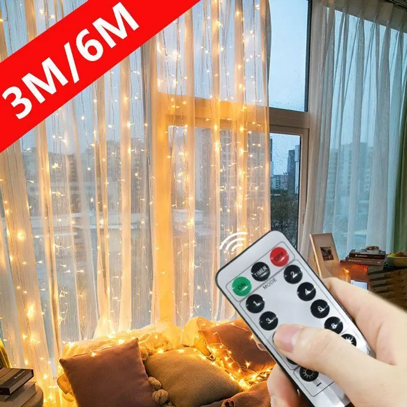 

LED Curtain String Lights with Remote Control USB Plug-in Holiday Wedding Bedroom Christmas Party Lights Room Decor Aesthetic