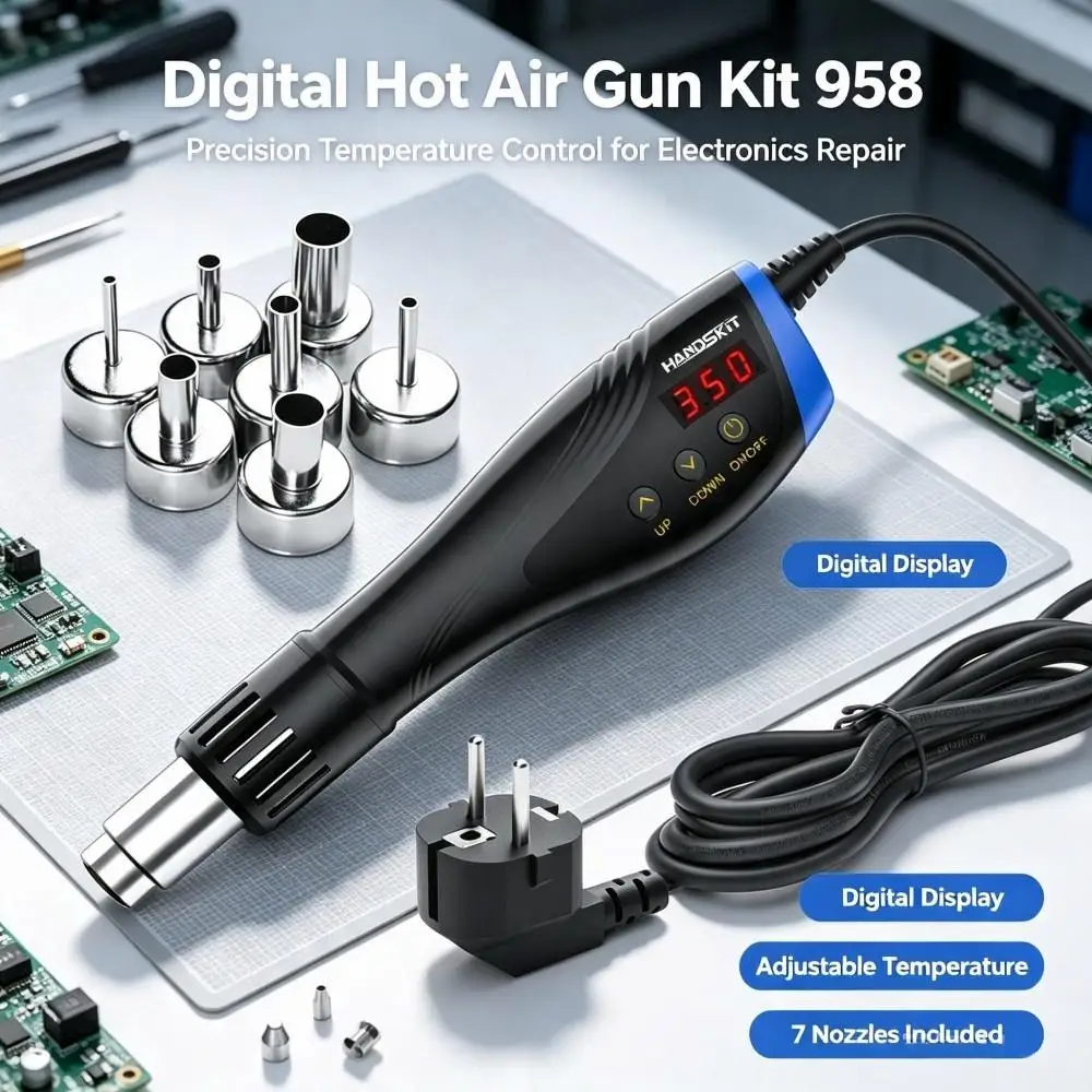 220V 600W Handheld Digital Display Hot Air Soldering Gun, 958Heat Air Blower with 7 Air Nozzles for SMT Chip Welding Maintenance