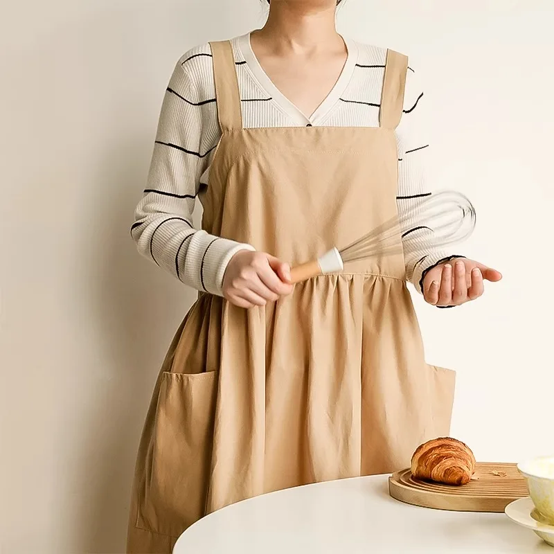 Large Size Widened Waterproof Cotton Kitchen Apron with Pockets and Adjustable Button Straps Pinafore for Cooking and Cleaning