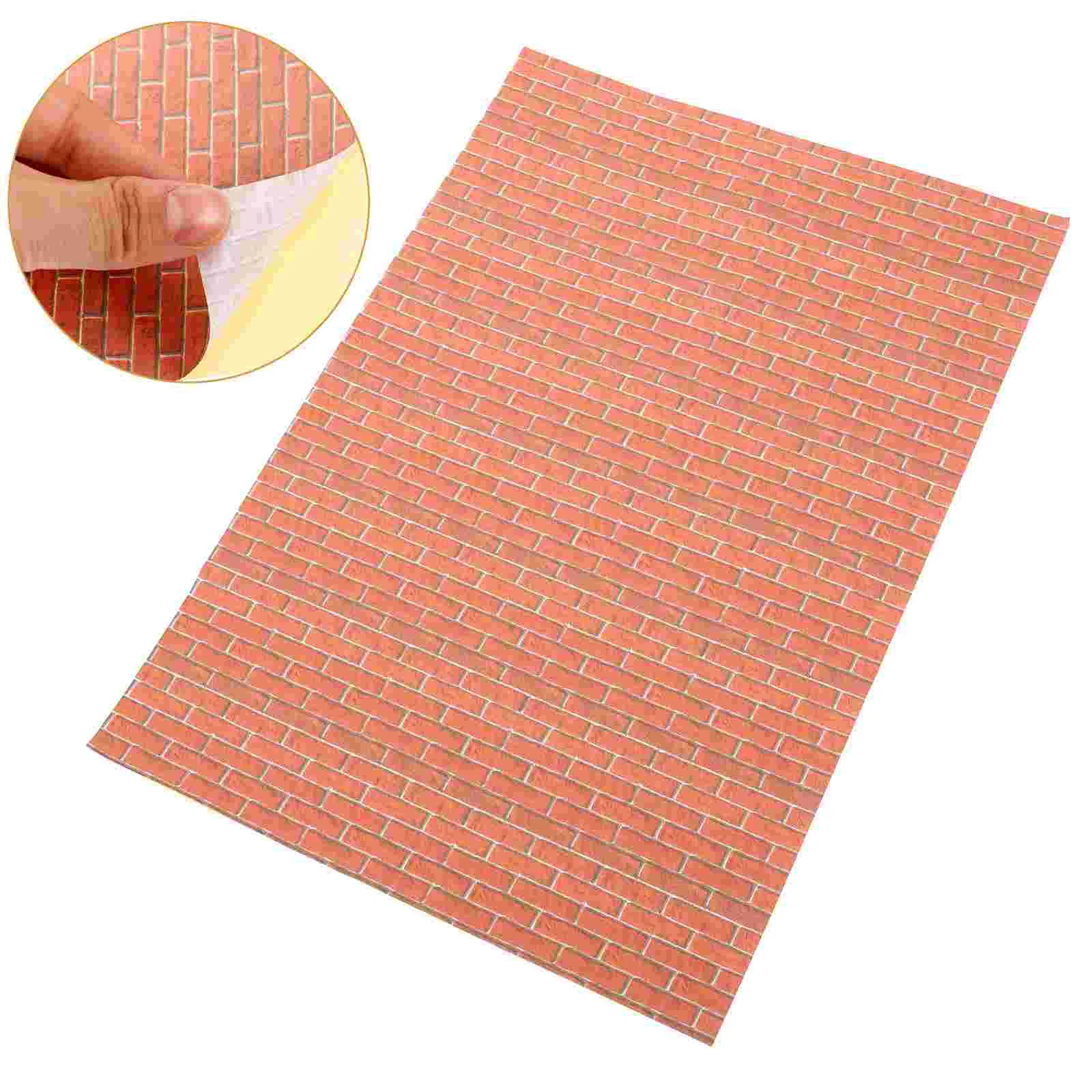 2 Sheets Dollhouse Wall Paper Sticker Red Brick Decorative Peel Stick for Vacation House Wall Sticker Home Accessories