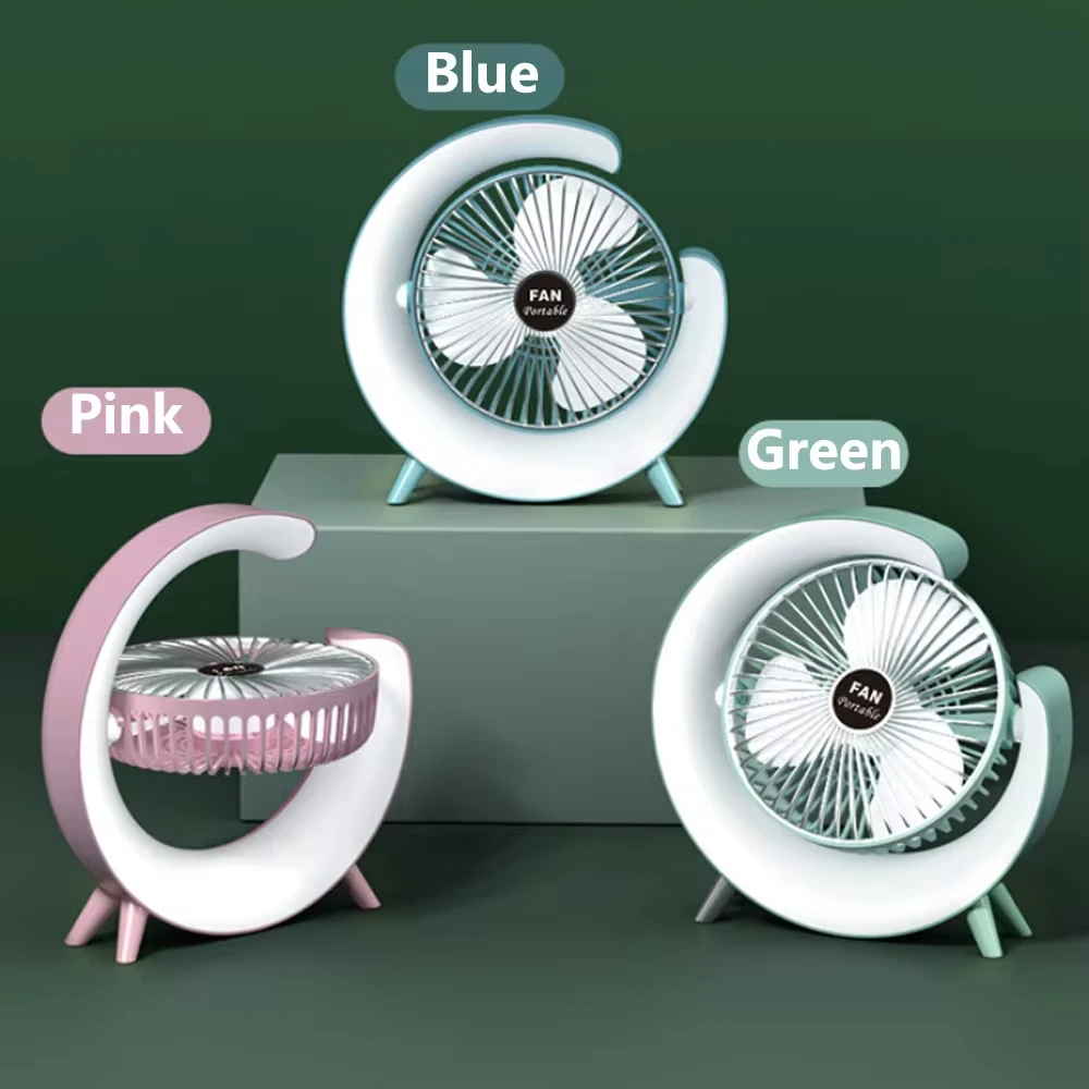 Portable Fan USB Rechargeable 180° Adjustable Three-speed Wind Power Colorful Light Air Circulation Fan Home Bedroom Fan