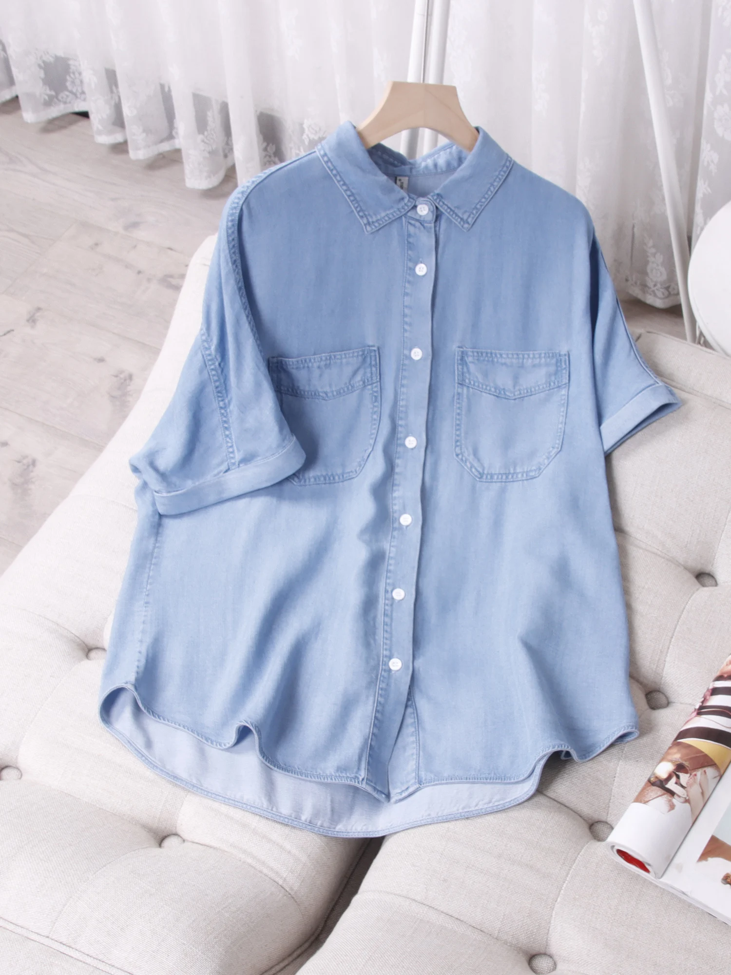 

Fashion short-sleeved denim shirt for women, versatile and slim-fitting mercerized denim shirt