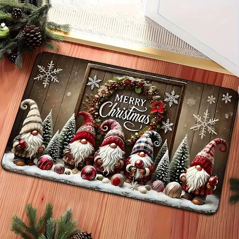 VIKAMA Christmas Door Mat Gnome Tomte Santa Hat Snowflakes Wood Farmhouse Front Welcome Mat Indoor Happy New Year Home Decor