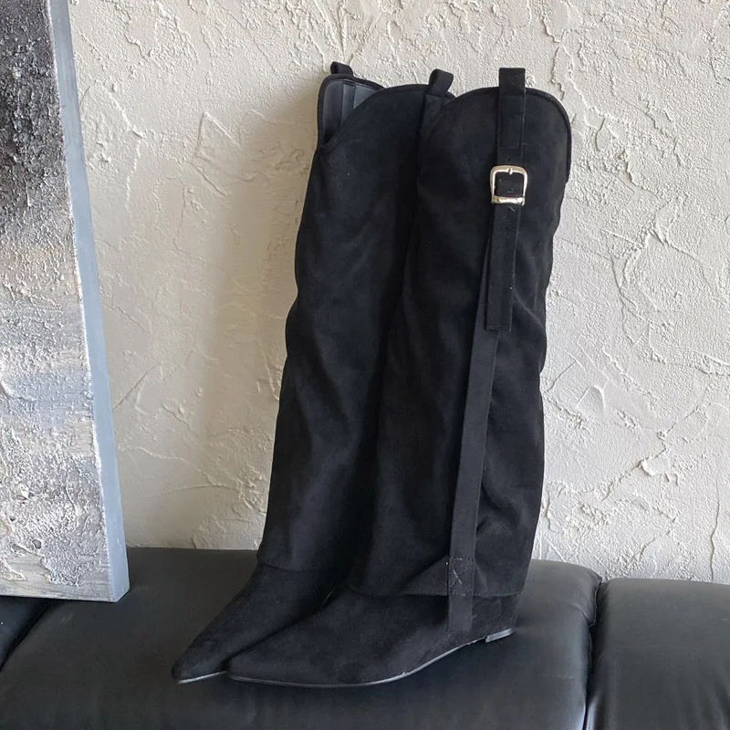 Eilyken حزام الموضة مشبك أسافين عالية الكعب امرأة حذاء برقبة للركبة أسلوب فاسق أشار تو فستان الحفلات أحذية نسائية