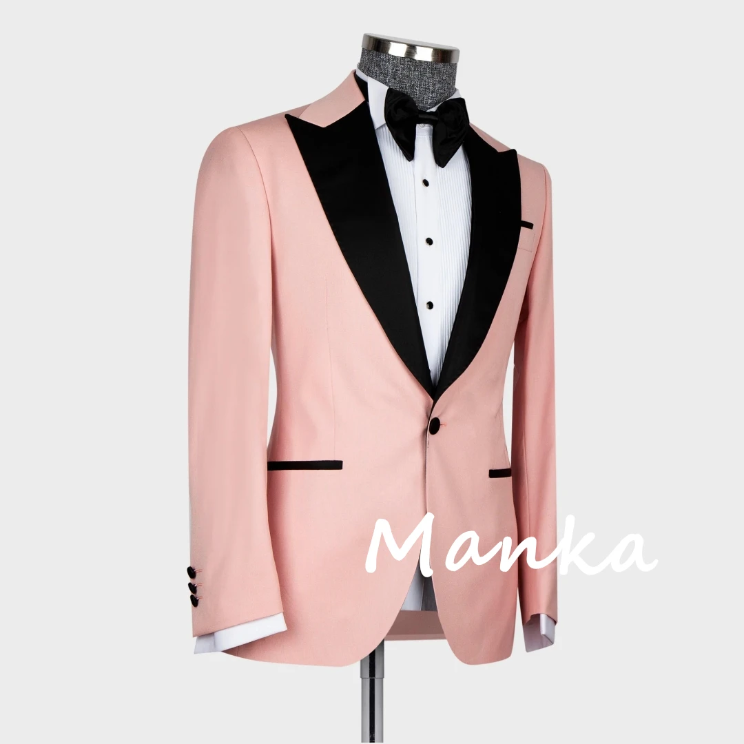 Black Satin Collar Pink Wedding Tuxedo Groom Suits 3pcs Blazer Vest Pants Customized Formal Prom Party Male Suit