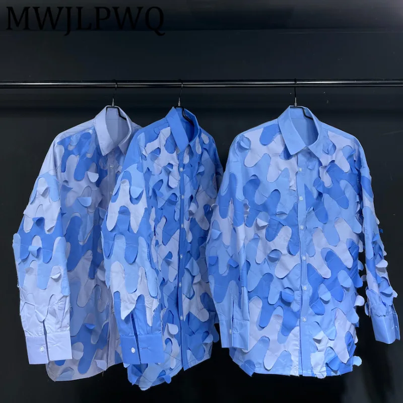 

MWJLPWQ Spring Autumn New Dark Light Blue High-End Shirt Men's Clothing Loose Long Sleeve Base Tops Unisex Couple Style 12251