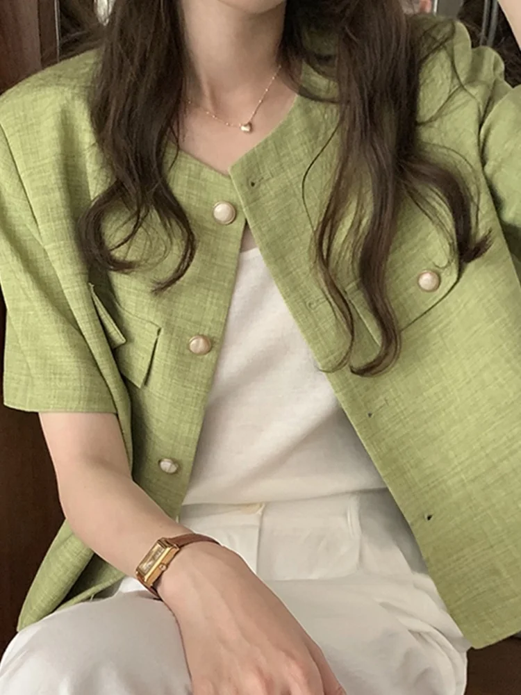 een ort Sve Suit Jaet ผู้หญิงฤดูร้อน Faion ขนาดเล็ก High-End รู้สึกบางเสื้อสเวตเตอร์ถักรอบ Ne ปุ่มรายละเอียด