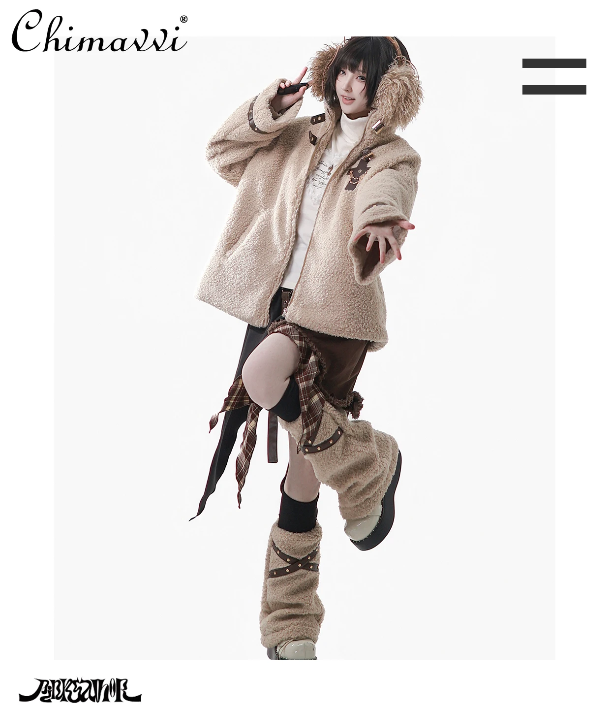 Japanese Style Coffee Color Silver Fox Fur Lamb Wool Coat Winter New Fashion Long Sleeve T-Shirt Top Skirt Set Women's Warm Set