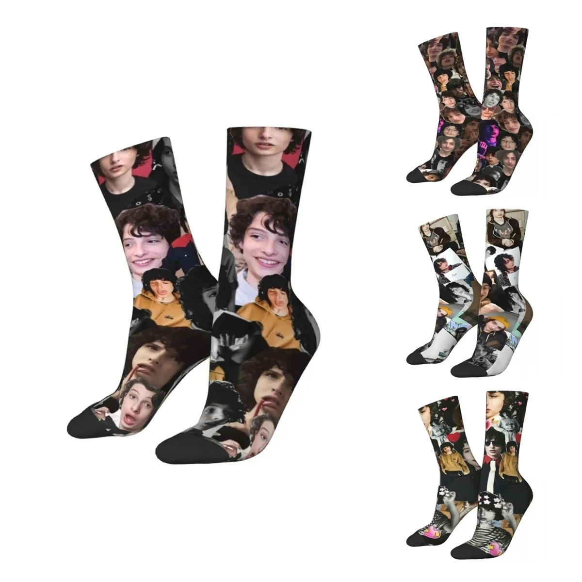 Hip-hop Finn Wolfhard Collage Skateboard Socks Actor Movie Polyester Crew Socks for Women Men Sweat Absorbing