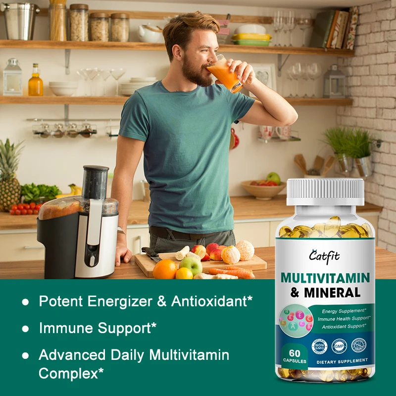 Catfit Multivitamin&Minerals Capsules Men&Women Daily Vitamin Diet Supplement D3 & K2 to Improve Immunity Vitality Hair Skin