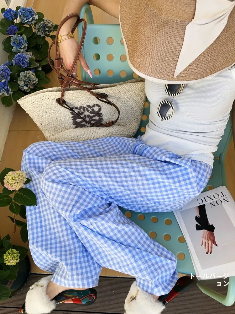 

Летние брюки с высокой талией из тонкой ткани в клетку для высоких женщин, домашние широкие брюки, повседневные, оригинальные, стильные