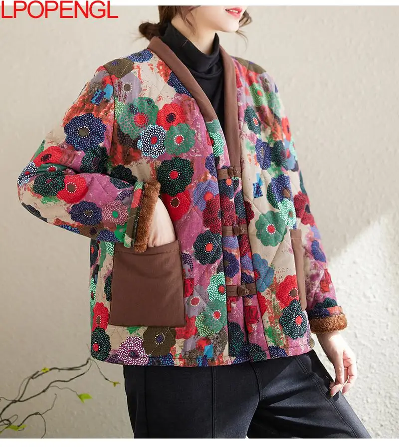 Veste en velours de style ethnique chinois pour femme, cardigan en coton épais, manteau court rétro à simple boutonnage, manches chauve-souris, hiver