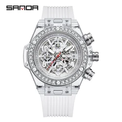 SANDA 7040 Cool Fashion Quartz Wristwatch Waterproof Round Dial Transparent Shell Design Date Luminous Pointer Men Watch