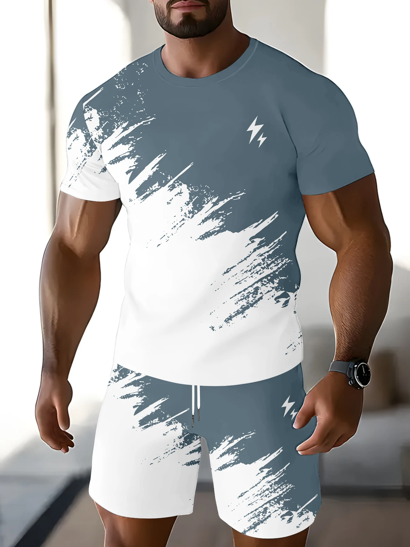 

Модная мужская крутая футболка с сине-белым рисунком в виде брызг, привлекательный повседневный комплект из двух предметов