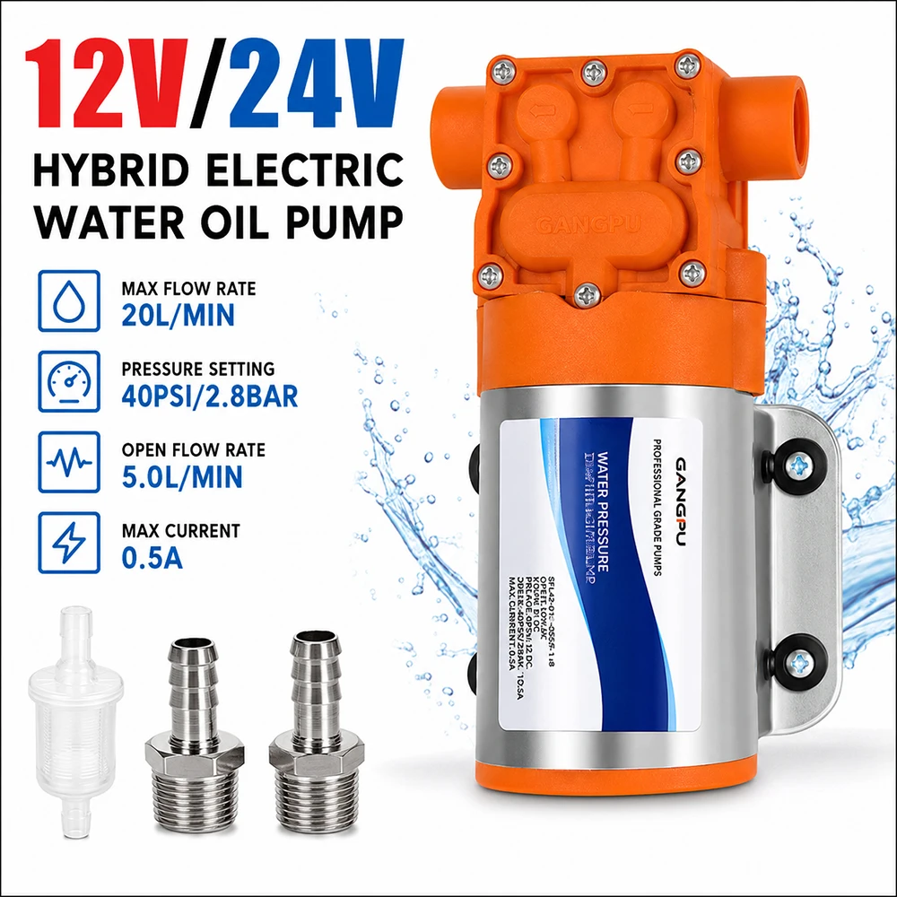 12V/24V Hybrid Electric Water Oil Pump Kit 5L/min 40PSI Self-Priming Diaphragm Pump with Filter & Hose Fittings