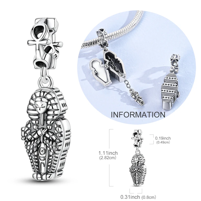 Pingente de Prata Esterlina 925 Original, Berloque Aberto de Múmia Faraônica, Compatível com Pulseiras e Colares Originais, Acessórios DIY