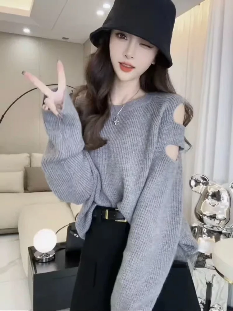 

Новинка 2023 года, женский вязаный свитер Long Sve с отверстиями, базовый слой, свободный крой, удобный теплый осенний модный топ