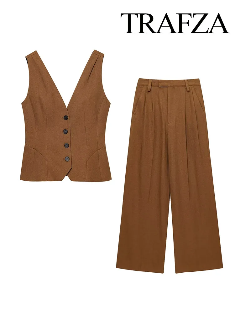 

TRAFZA Women Summer Fashion V-neck Single Breasted Linen Blend Vest+Series Pocket Zippered Linen Blend Pleated Pants Suit Mujer