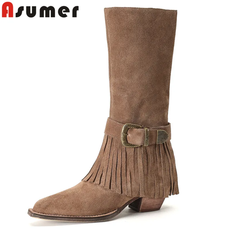 

ASUMER 2024 Size 34-43 New Cow Suede Leather Mid Calf Boots Fringe Square High Heels Boots Buckle Female Slip On Winter Boots