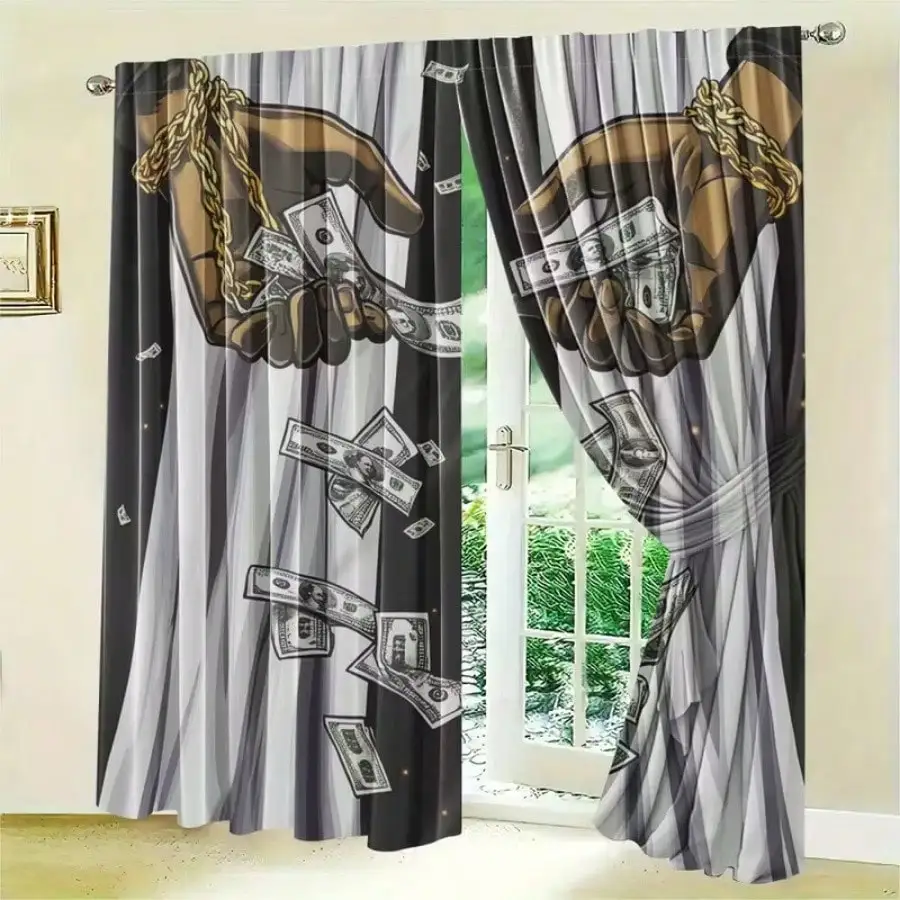 2pcs Skeleton Hand With Golden Chain & Fluttering Dollar Bills Blackout Curtains - Polyester Light Blocking Drapes For Living