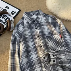 Button Long Sleeve Men's Clothing Cardigan Shirt Striped Checkered Coats Pockets Turn-down Collar Contrast Color Vintage Tops
