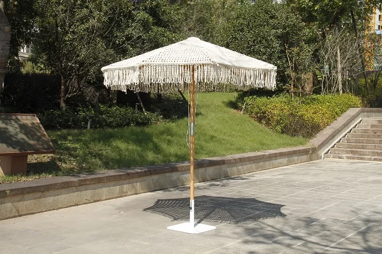 Luxury outdoor furniture wooden cotton rope woven folding garden umbrella