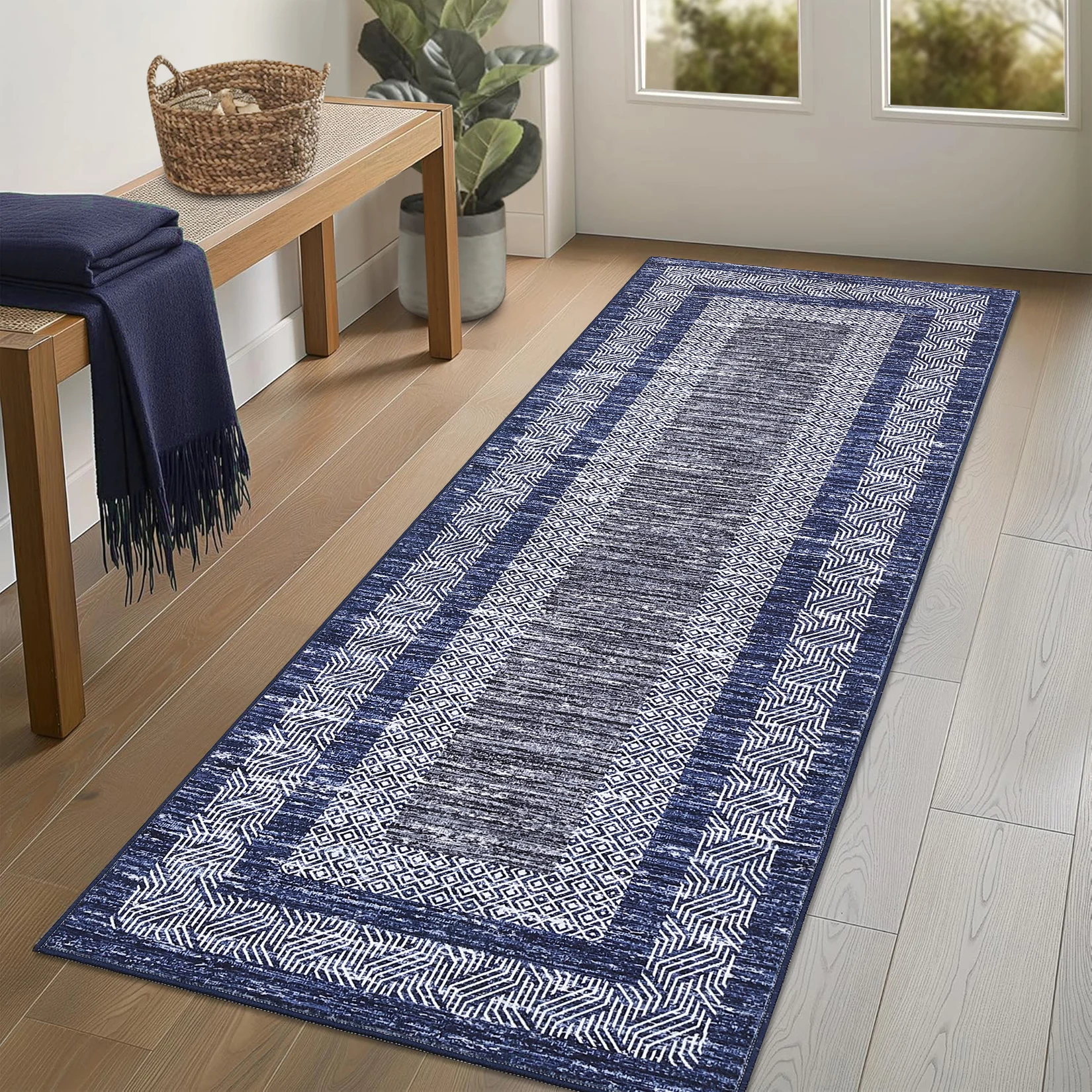 Washable Non-Slip Runner Rug - Modern Distressed Geometric Bordered Design - Low Pile, Non-Shedding, Ultra-Thin Soft Indoor Carpet for Hallway Kitchen Laundry Room - 2' X 6' Blue