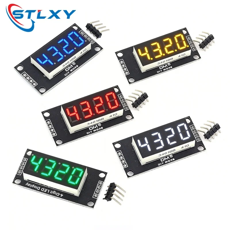 Stlxy TM1637 4 Digit LED Display Module 0.36 Inch Dimmable Black Digital Tube Red Green Yellow Blue White Light