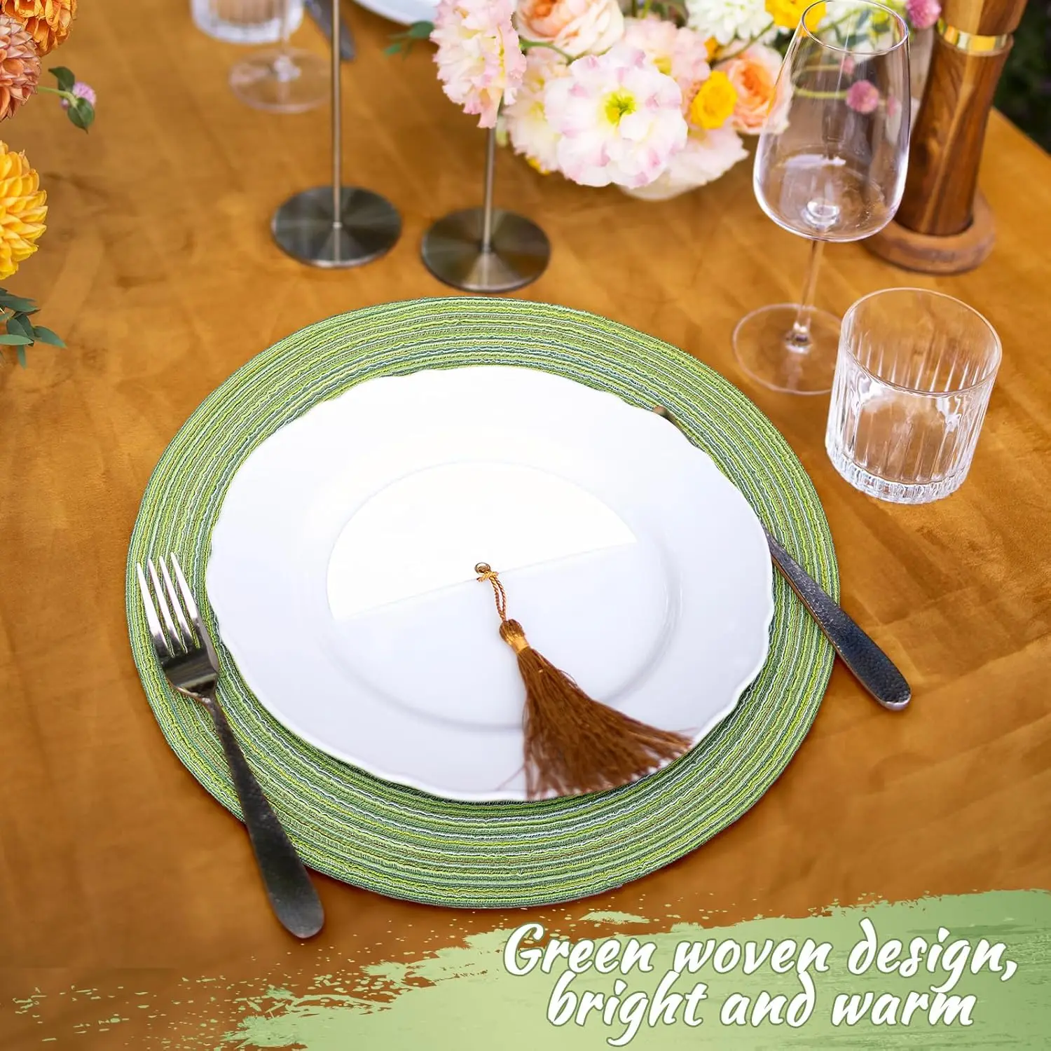 Sage Green Woven Placemats And Rattan Coasters Set - 1/4/6 Options Non-Slip Washable Dining Table Mats for Farmhouse Style
