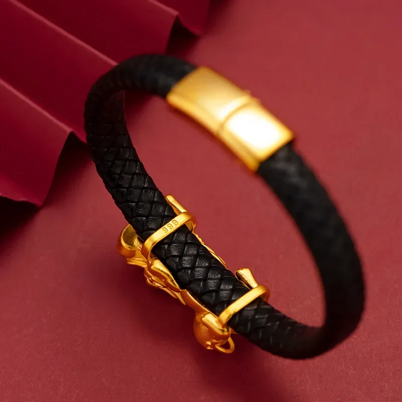 9999 Real Gold 24K Gold Edition Leather Rope Pixiu Bracelet Men's Gold Swallowing Pixiu Leather Rope Bracelet