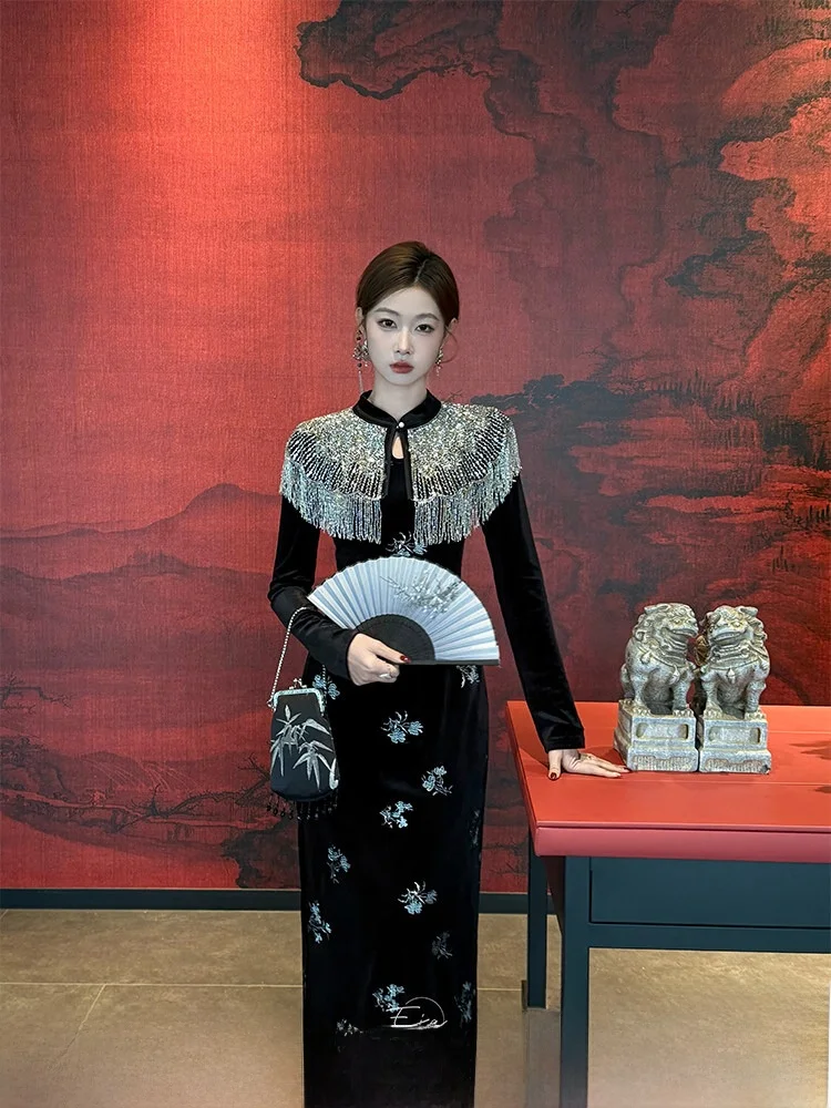 

New Chinese Sle EIA One Yao Yan Mountain Villa Retro Women's Autumn Winter Long Dr Cloud oulder Ele Gown