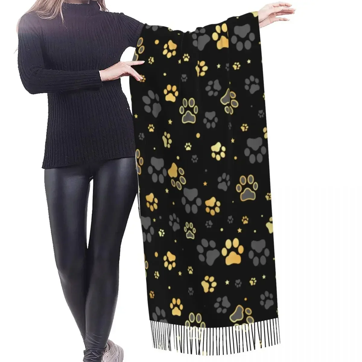 Autumn Winter Warm Scarves Gold Dog Paw Print And Star Fashion Shawl Tassel Scarves Wrap Neck Headband Hijabs Stole