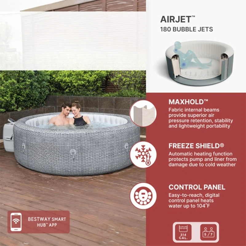 7 Person Inflatable Hot Tub Round Portable Outdoor Spa with 180 Soothing AirJets and Insulated Cover,Automatic Heating Function