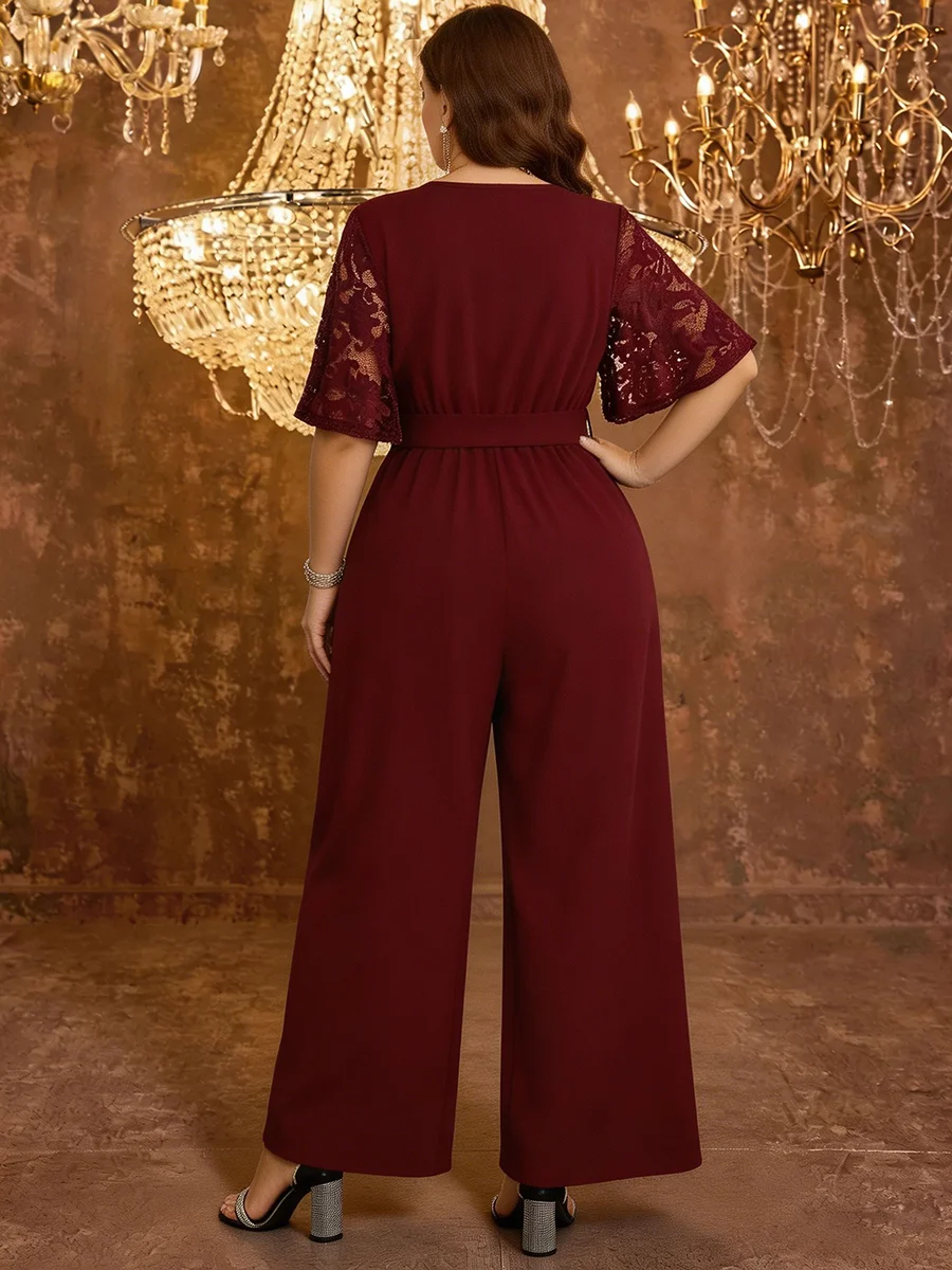 [Plus Size] V Neck Lace Wide Leg Belted Burgundy Jumpsuit, Slim for Party Night image 2