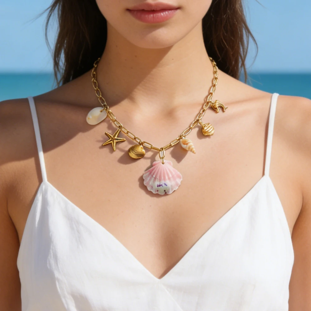 

SOVOB Ocean Style Stainless Steel Necklaces For Women 18K Gold-Plated Shell Starfish Charms Trendy Beach Party Jewelry Gifts